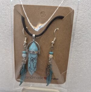 Handmade Turquoise Stone Pendant & Feather Earrings Set